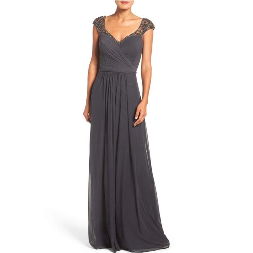 LA FEMME BEADED NET JERSEY EVENING DRESS